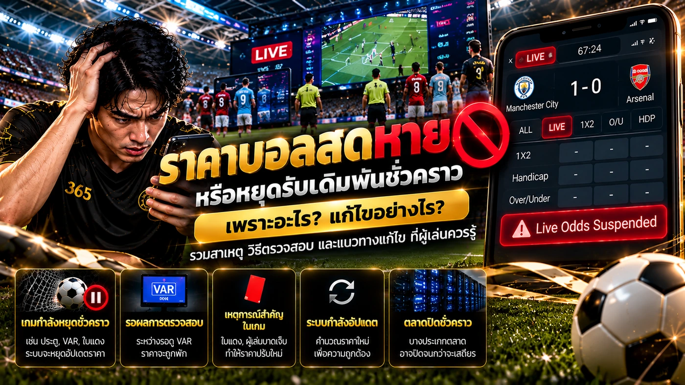 สาเหตุราคาบอลสดหยุดรับชั่วคราว เช่น ประตู VAR ใบแดง และการอัปเดตราคา